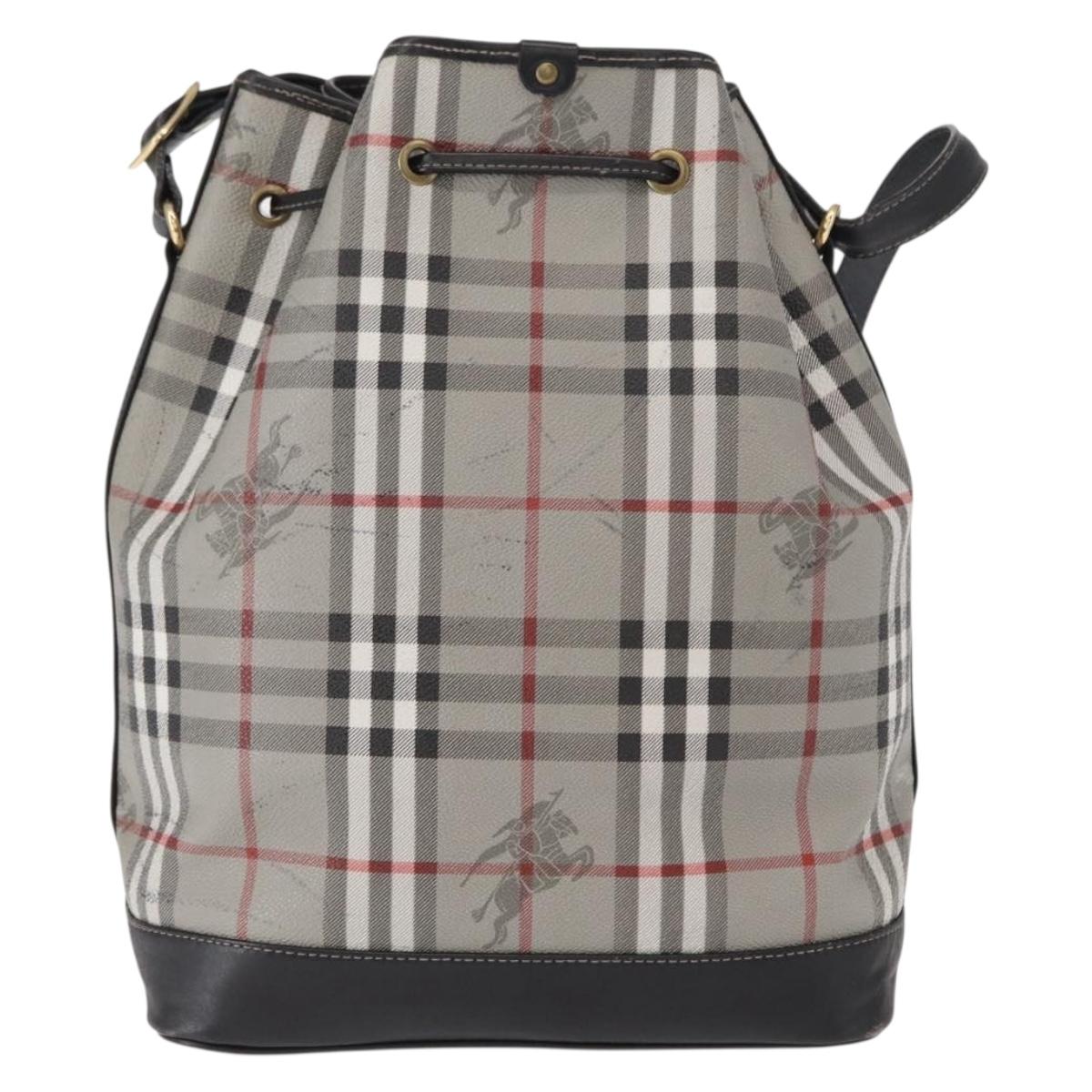 BURBERRY Nova Check Shoulder Bag PVC Gray Gold Auth 153486