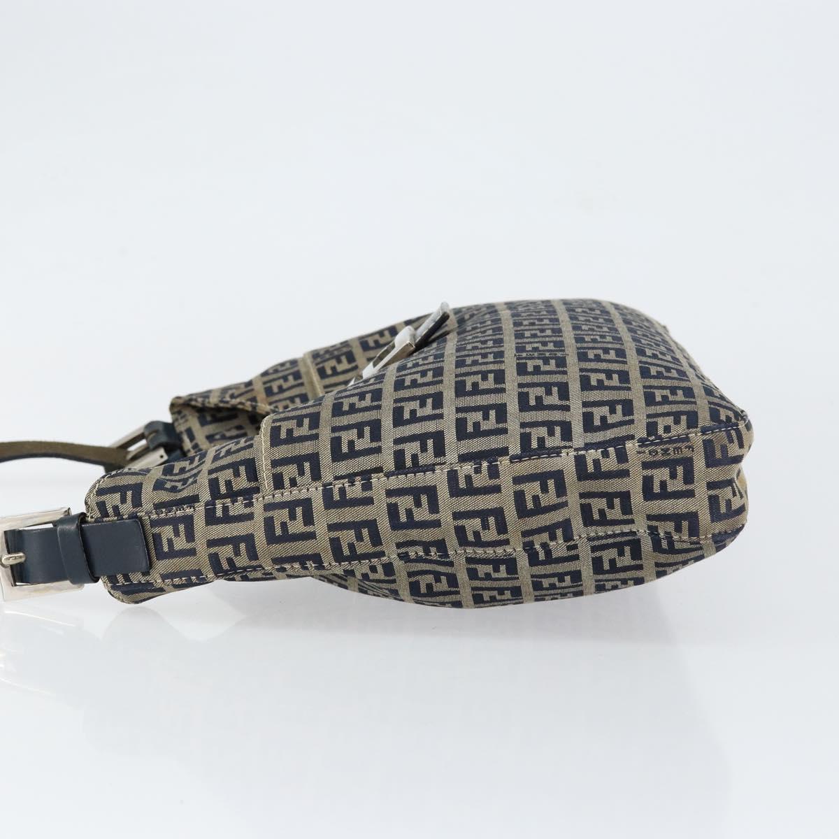 FENDI Zucchino Canvas Mamma Baguette Shoulder Bag Navy Silver Auth 153496