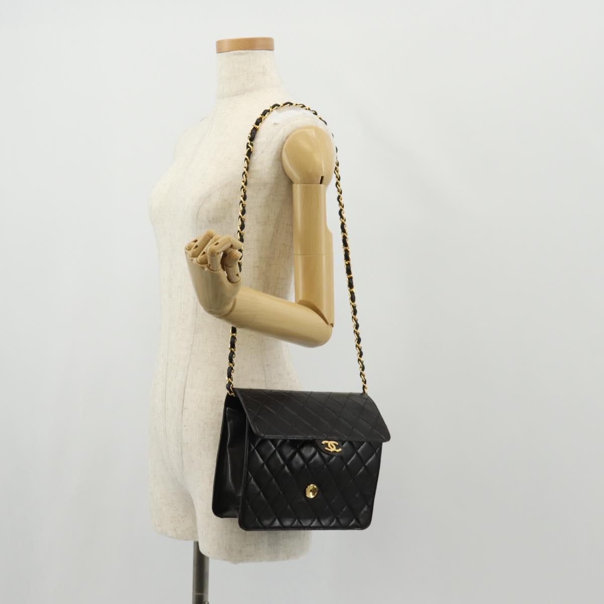 CHANEL Matelasse Chain Shoulder Bag Lamb Skin Black Gold CC Auth 153631V