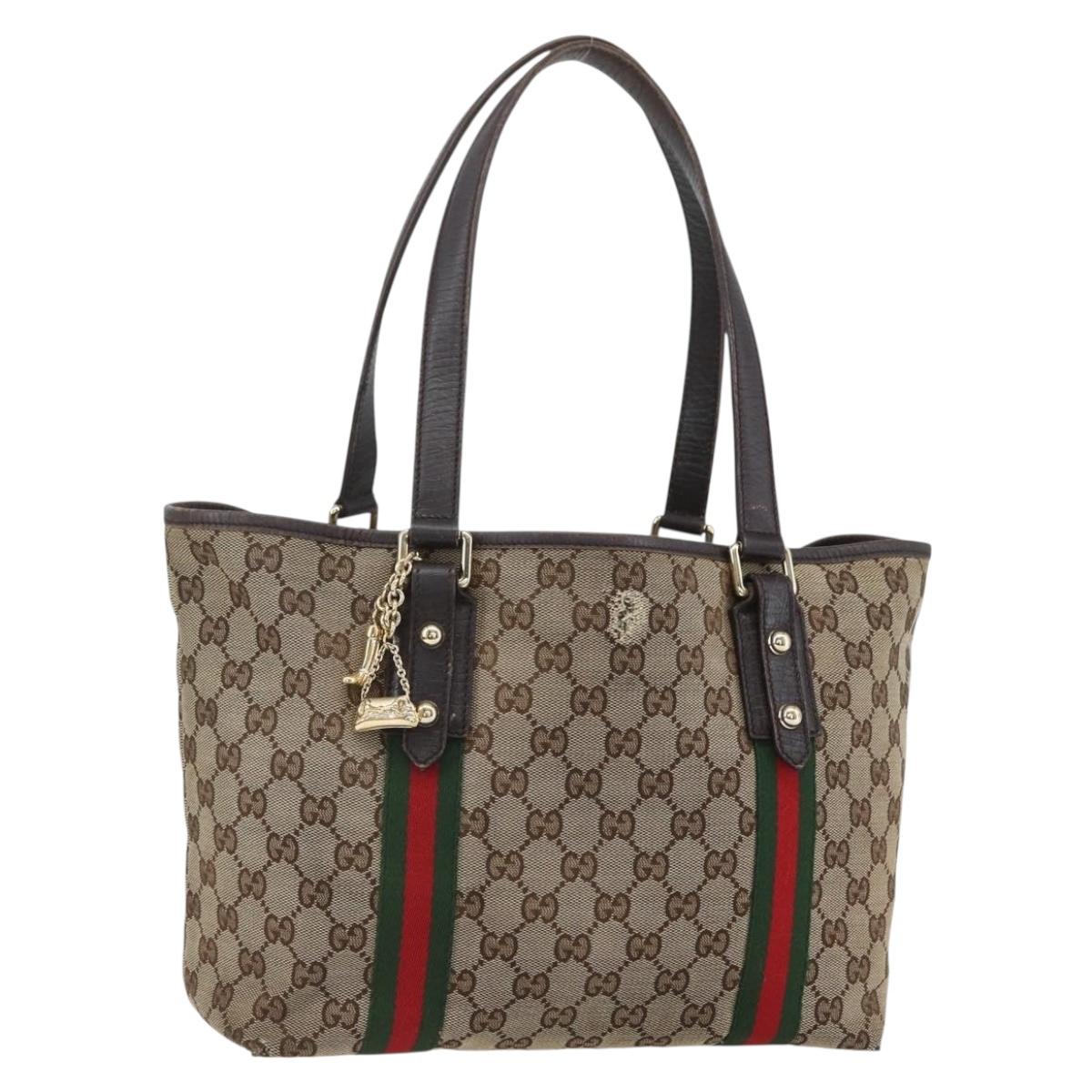 GUCCI Web Sherry Line GG Canvas Semi Tote Bag Beige Gold 137396 Auth 153643