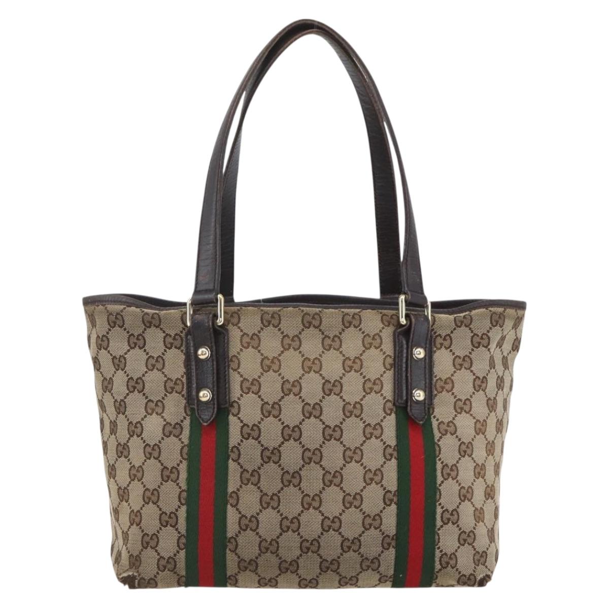 GUCCI Web Sherry Line GG Canvas Semi Tote Bag Beige Gold 137396 Auth 153643
