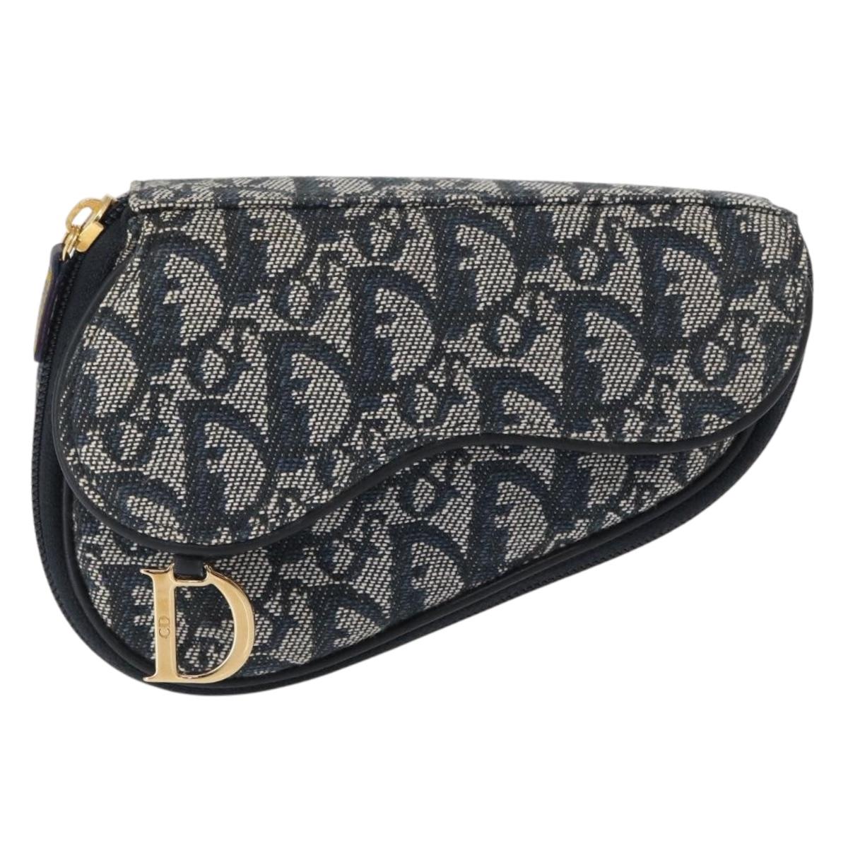Christian Dior Trotter Canvas Saddle Pouch Blue Gold Auth 153710V