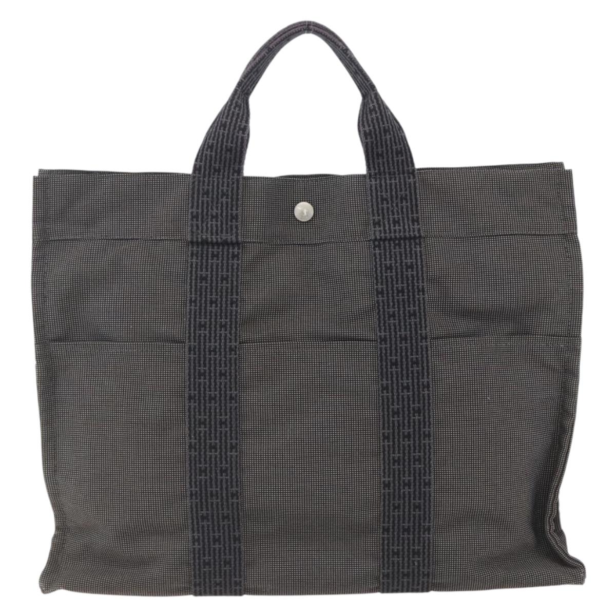 HERMES Her Line MM Hand Bag Canvas Gray Silver Auth 153727