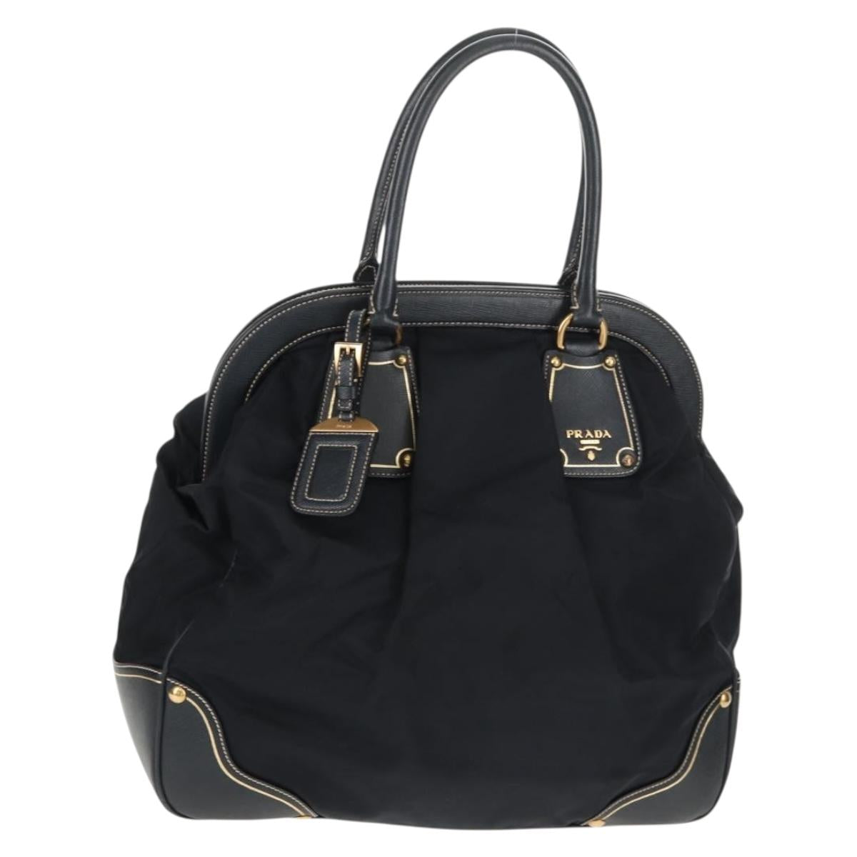 PRADA Hand Bag Nylon Leather Navy Gold BR3684 Auth 153736V