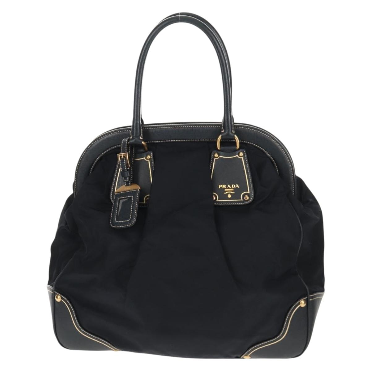 PRADA Hand Bag Nylon Leather Navy Gold BR3684 Auth 153736V