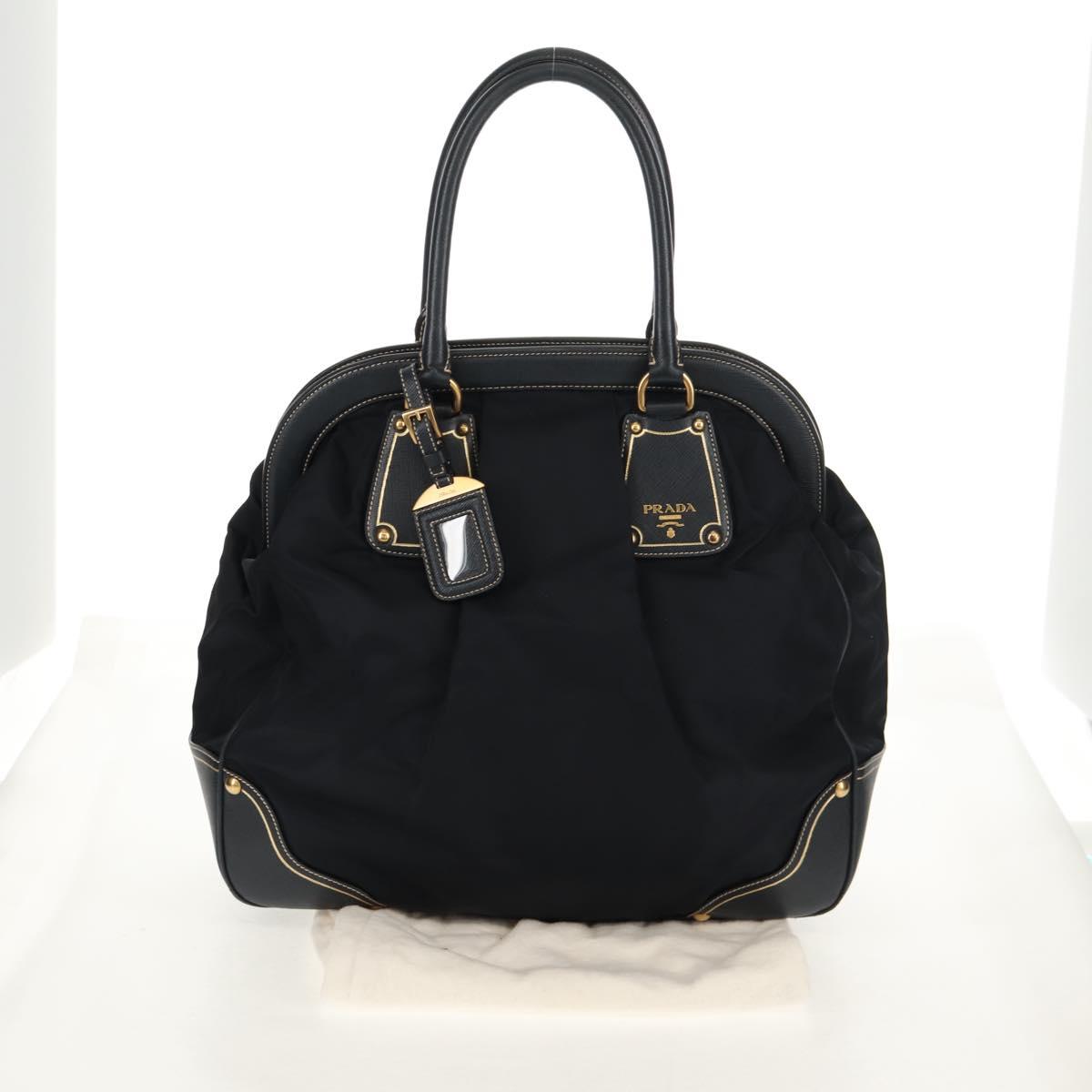 PRADA Hand Bag Nylon Leather Navy Gold BR3684 Auth 153736V