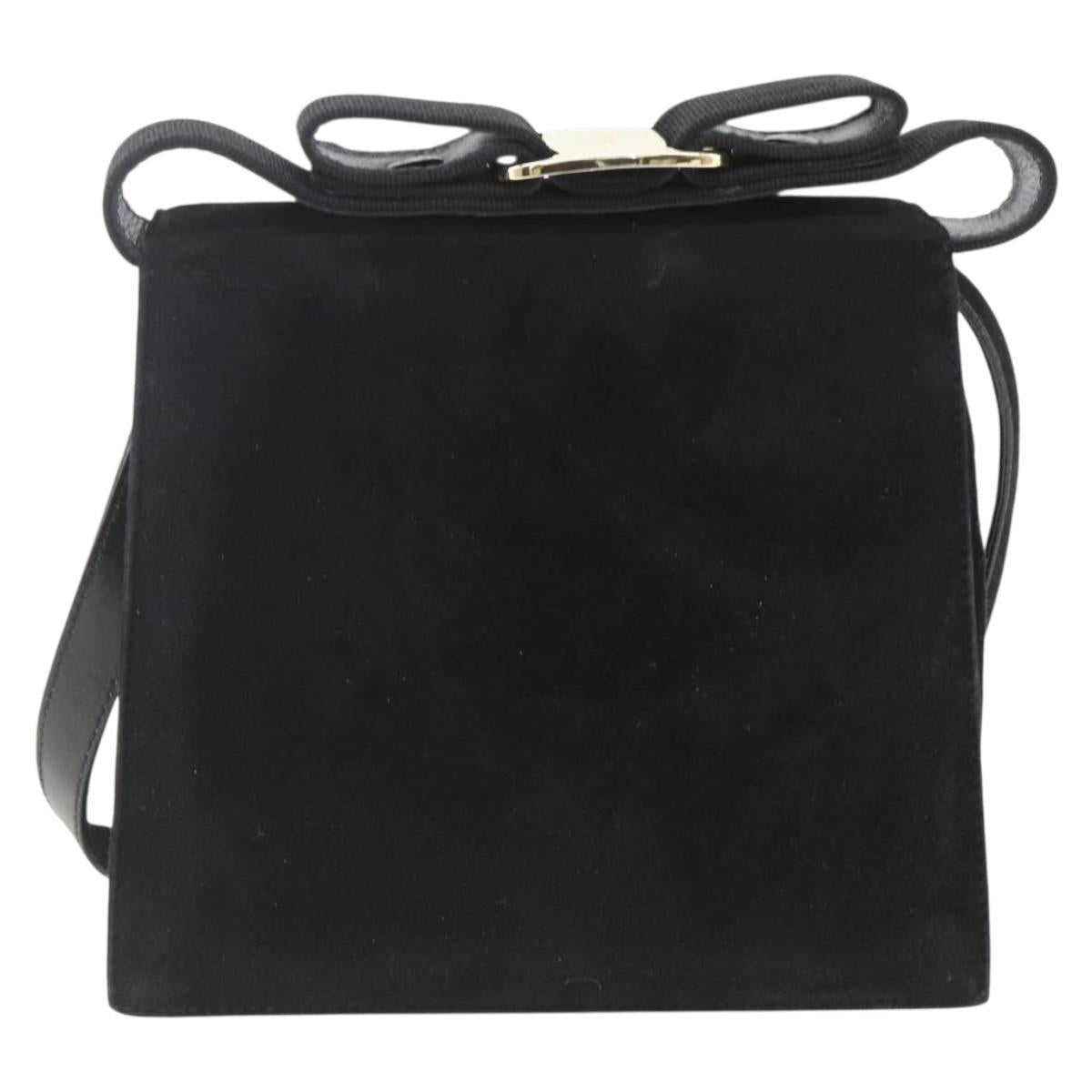 Salvatore Ferragamo Vala Hand Bag Suede 2way Black Gold Auth 153762V