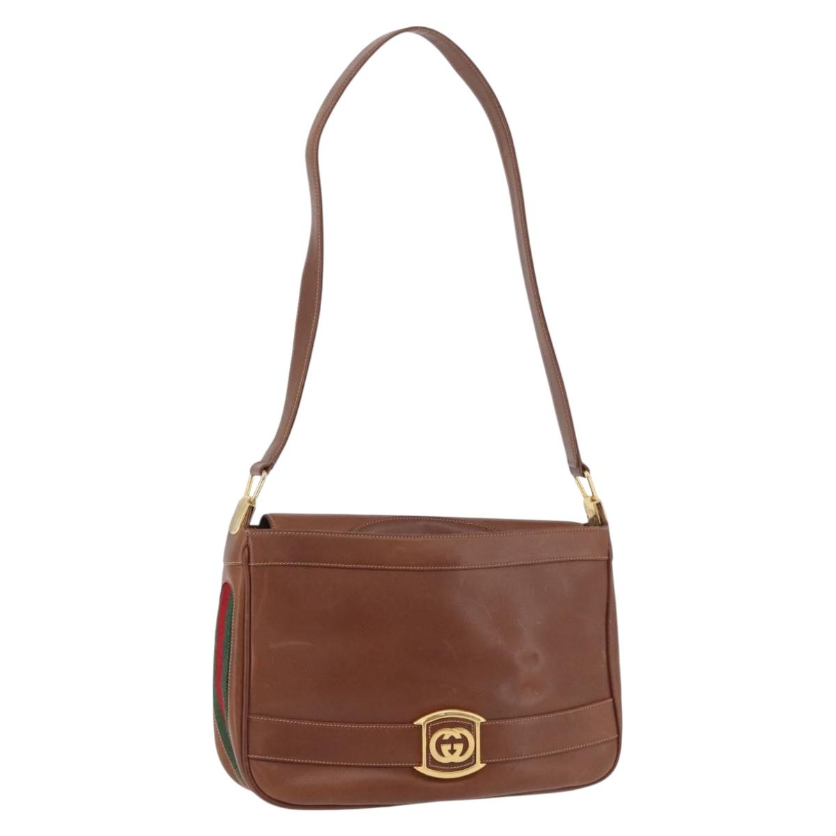 GUCCI Web Sherry Line Shoulder Bag Leather Old GUCCI Gold Brown Auth 153770
