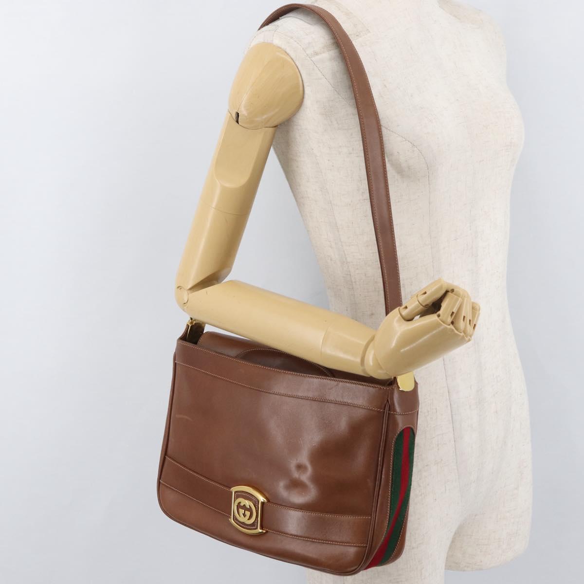 GUCCI Web Sherry Line Shoulder Bag Leather Old GUCCI Gold Brown Auth 153770
