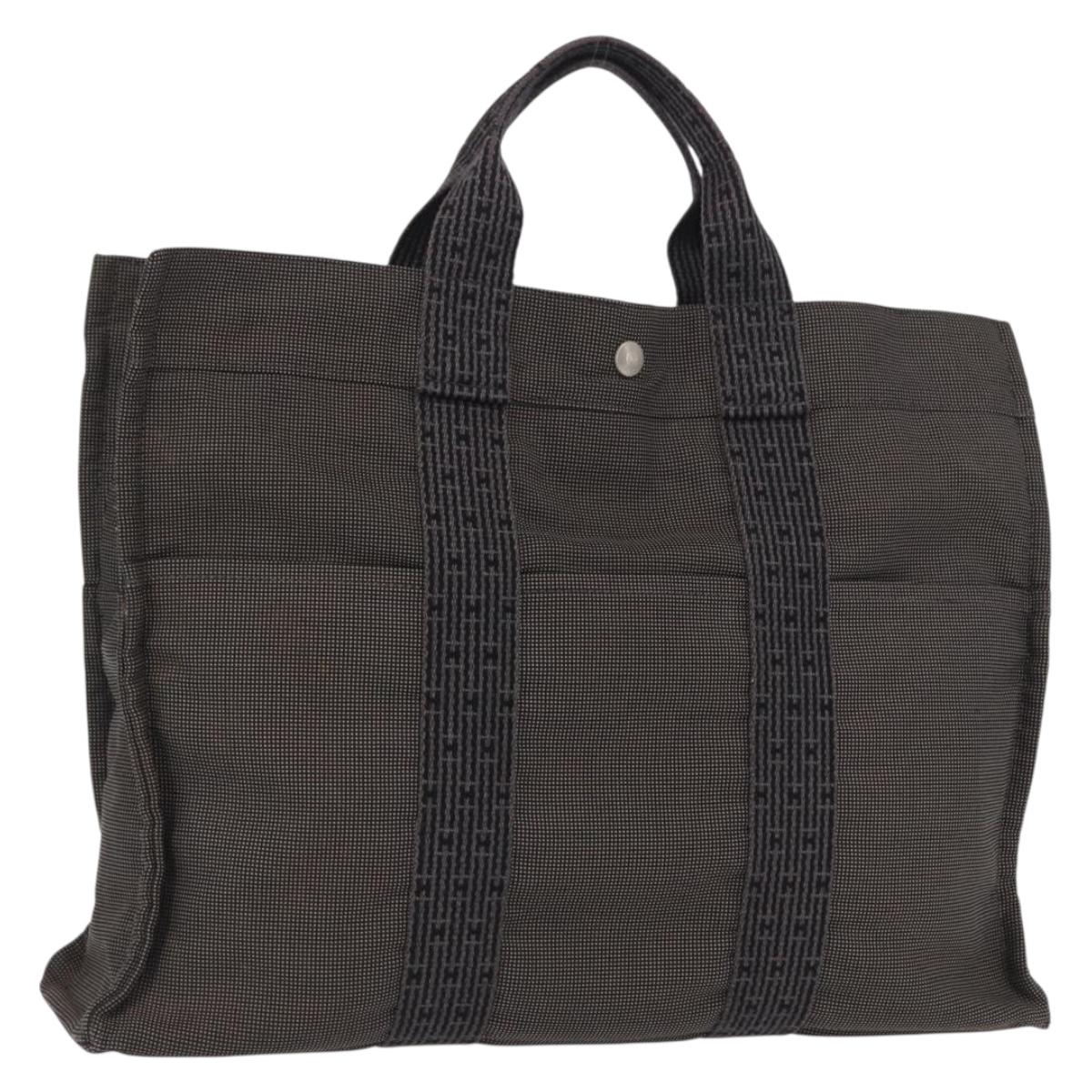 HERMES Her Line MM Hand Bag Canvas Gray Silver Auth 153785
