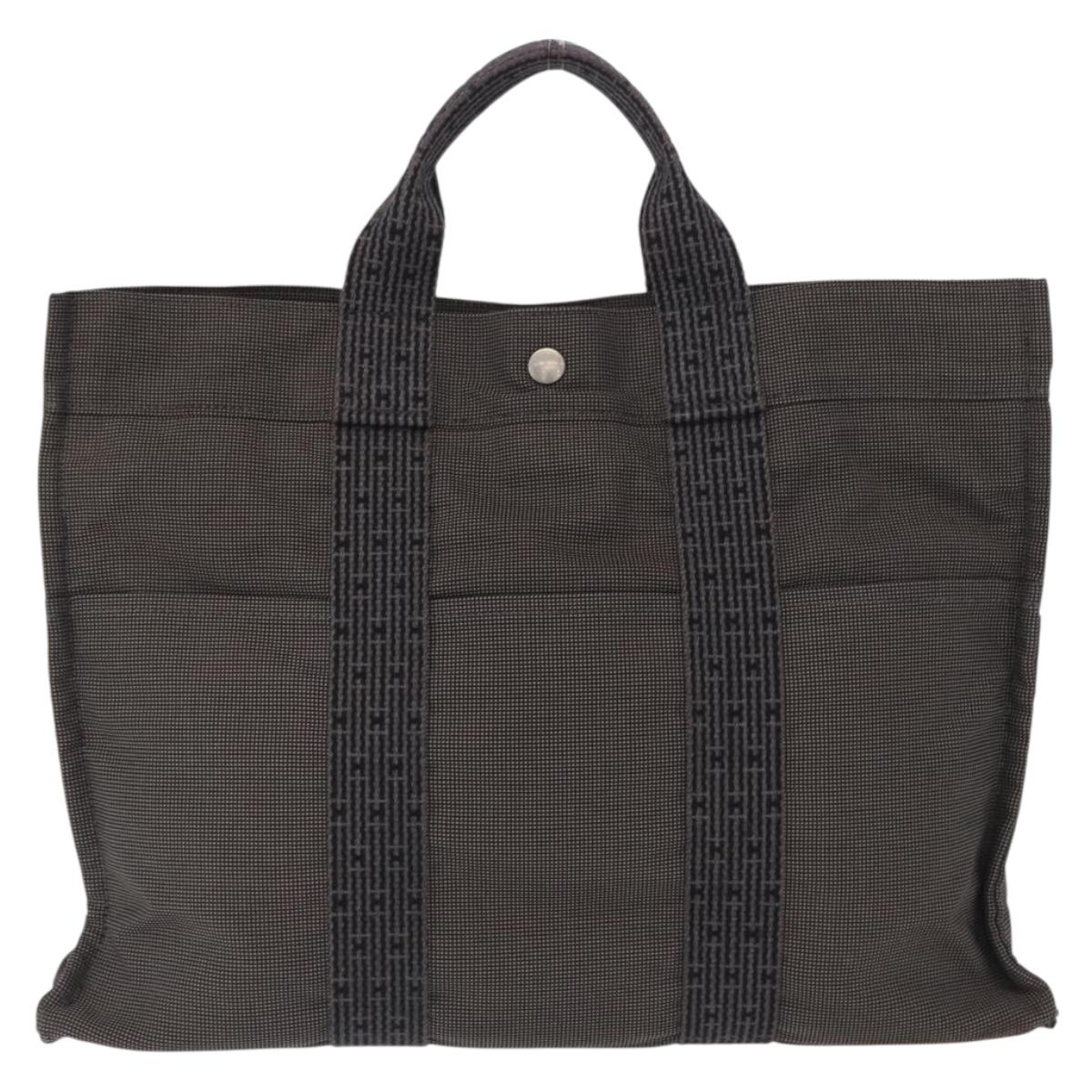 HERMES Her Line MM Hand Bag Canvas Gray Silver Auth 153785