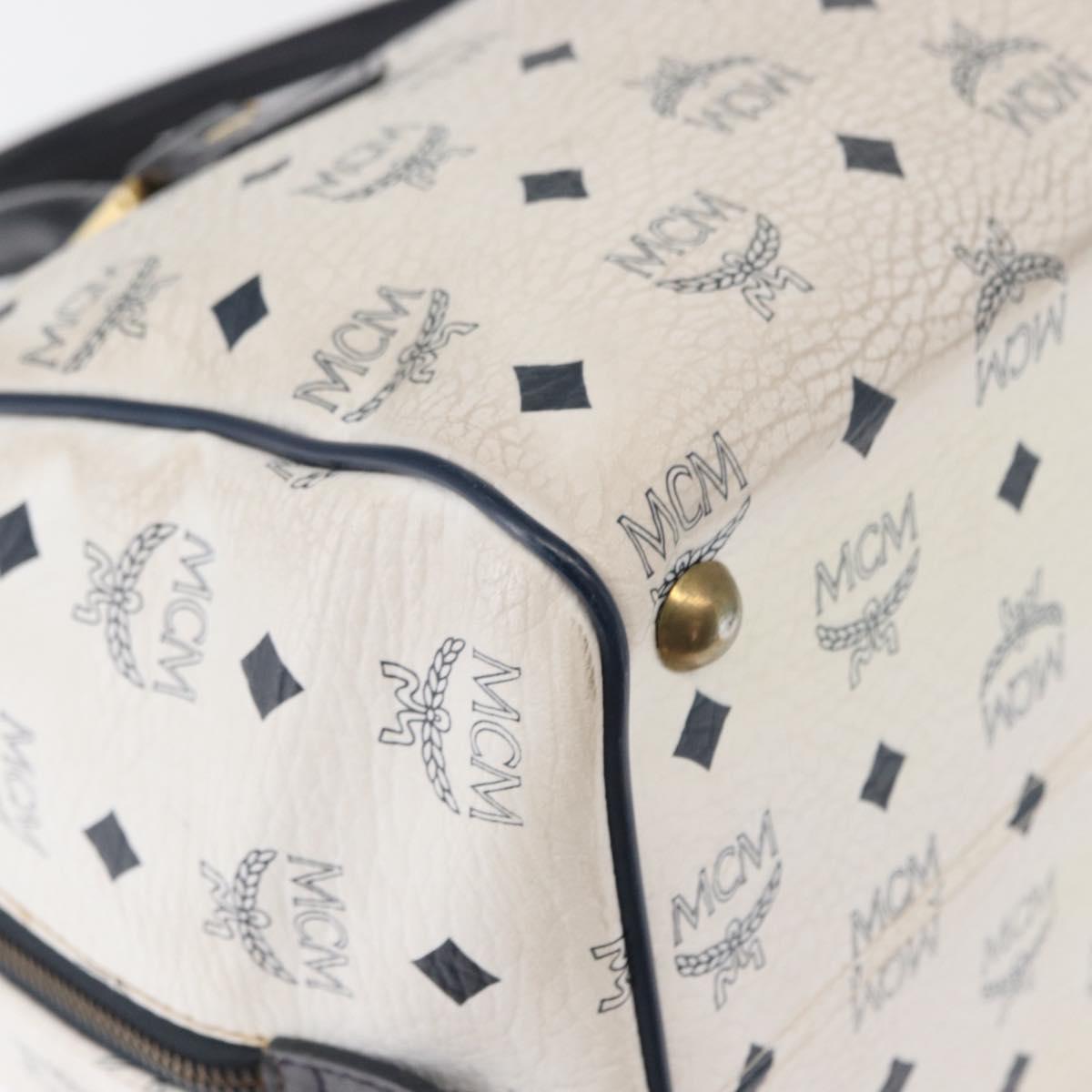 MCM Vicetos Logogram Boston Bag PVC Leather White Gold Auth 153787