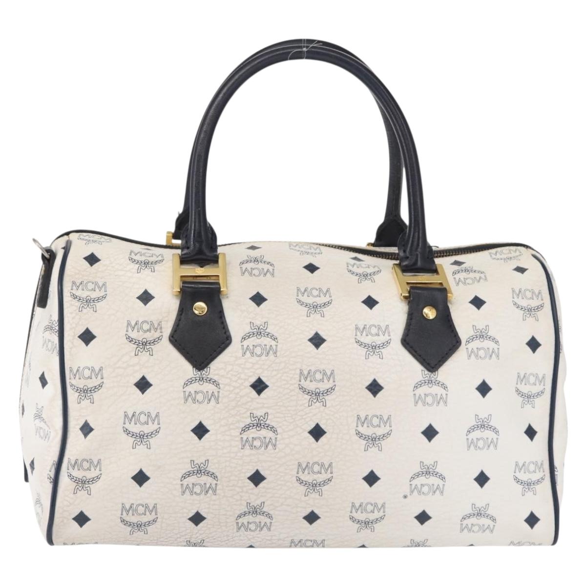 MCM Vicetos Logogram Boston Bag PVC Leather White Gold Auth 153787