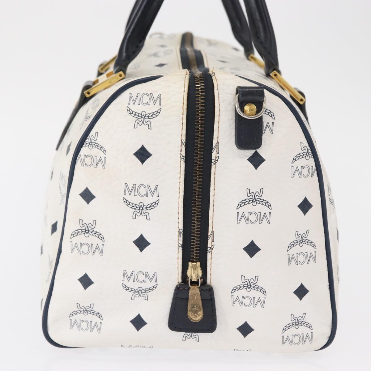 MCM Vicetos Logogram Boston Bag PVC Leather White Gold Auth 153787