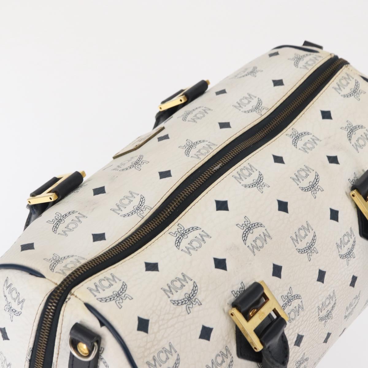 MCM Vicetos Logogram Boston Bag PVC Leather White Gold Auth 153787