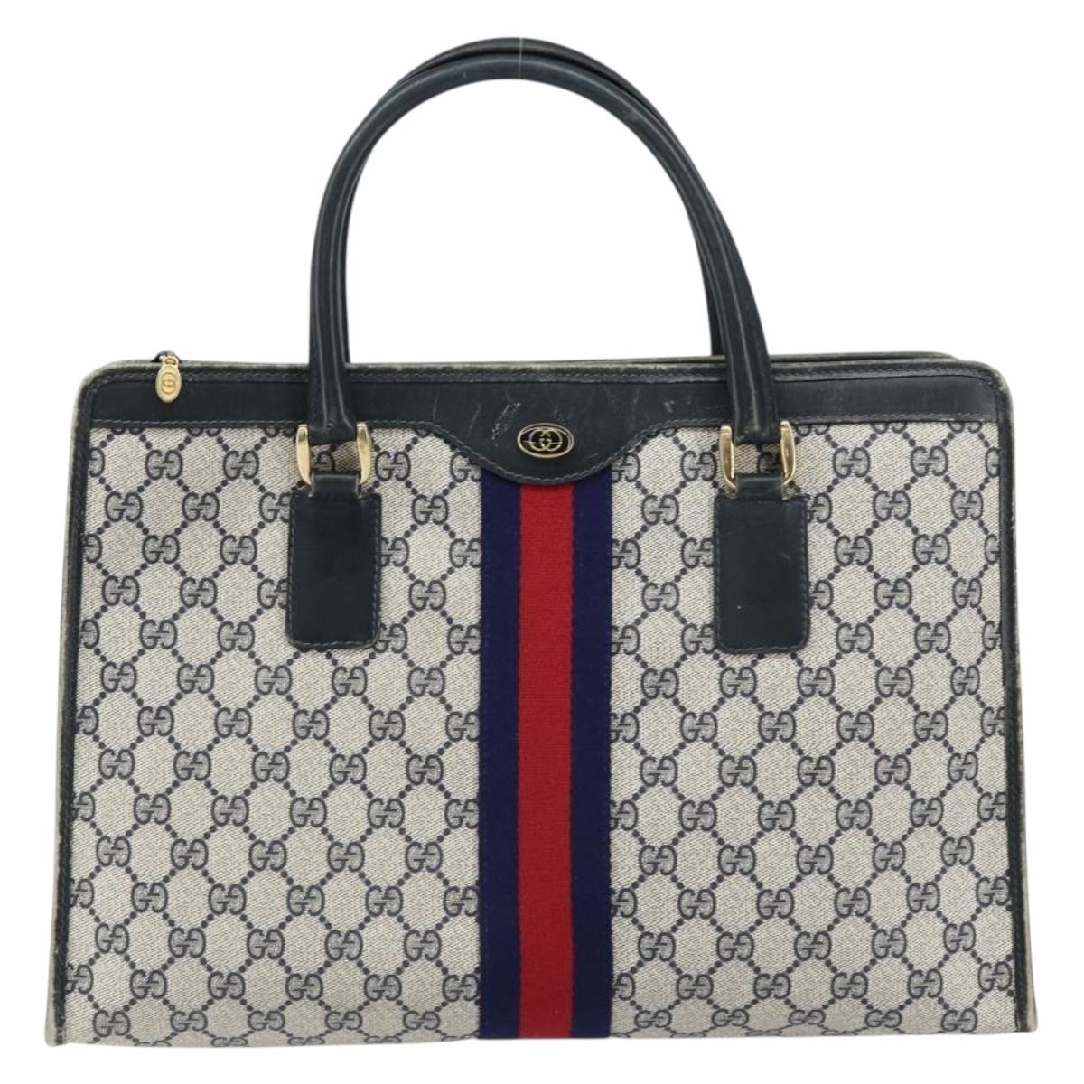 GUCCI GG Supreme Sherry Line Hand Bag PVC Navy Gold Auth 153814