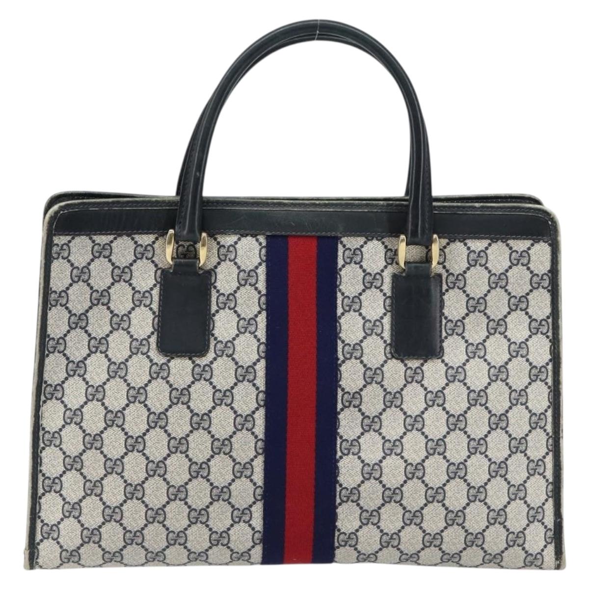 GUCCI GG Supreme Sherry Line Hand Bag PVC Navy Gold Auth 153814