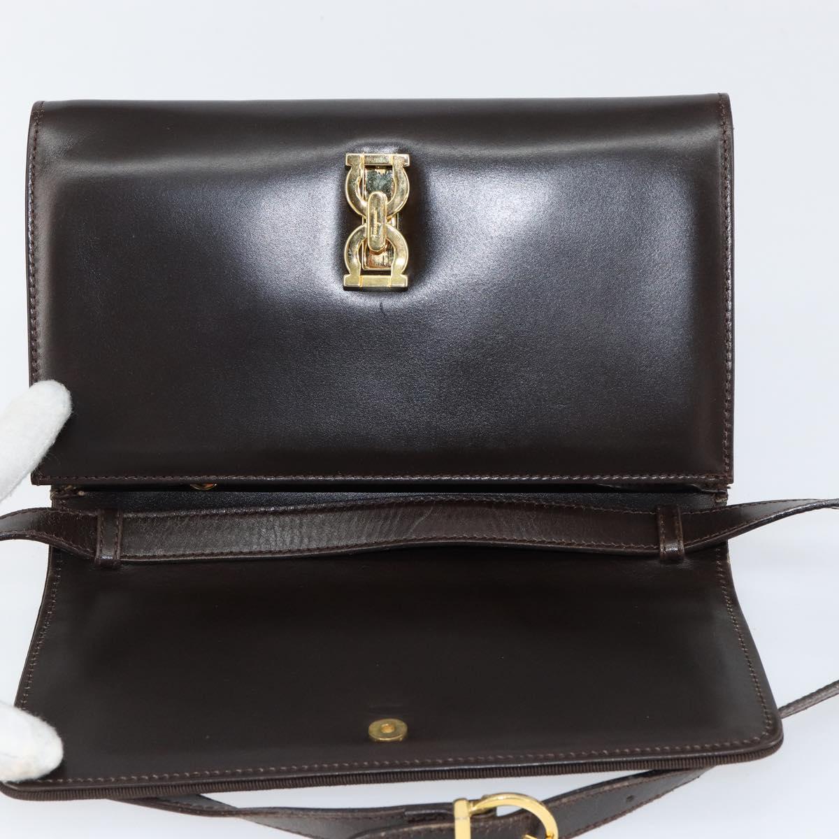 Salvatore Ferragamo Gancini Shoulder Bag Leather Dark Brown Gold Auth 153818