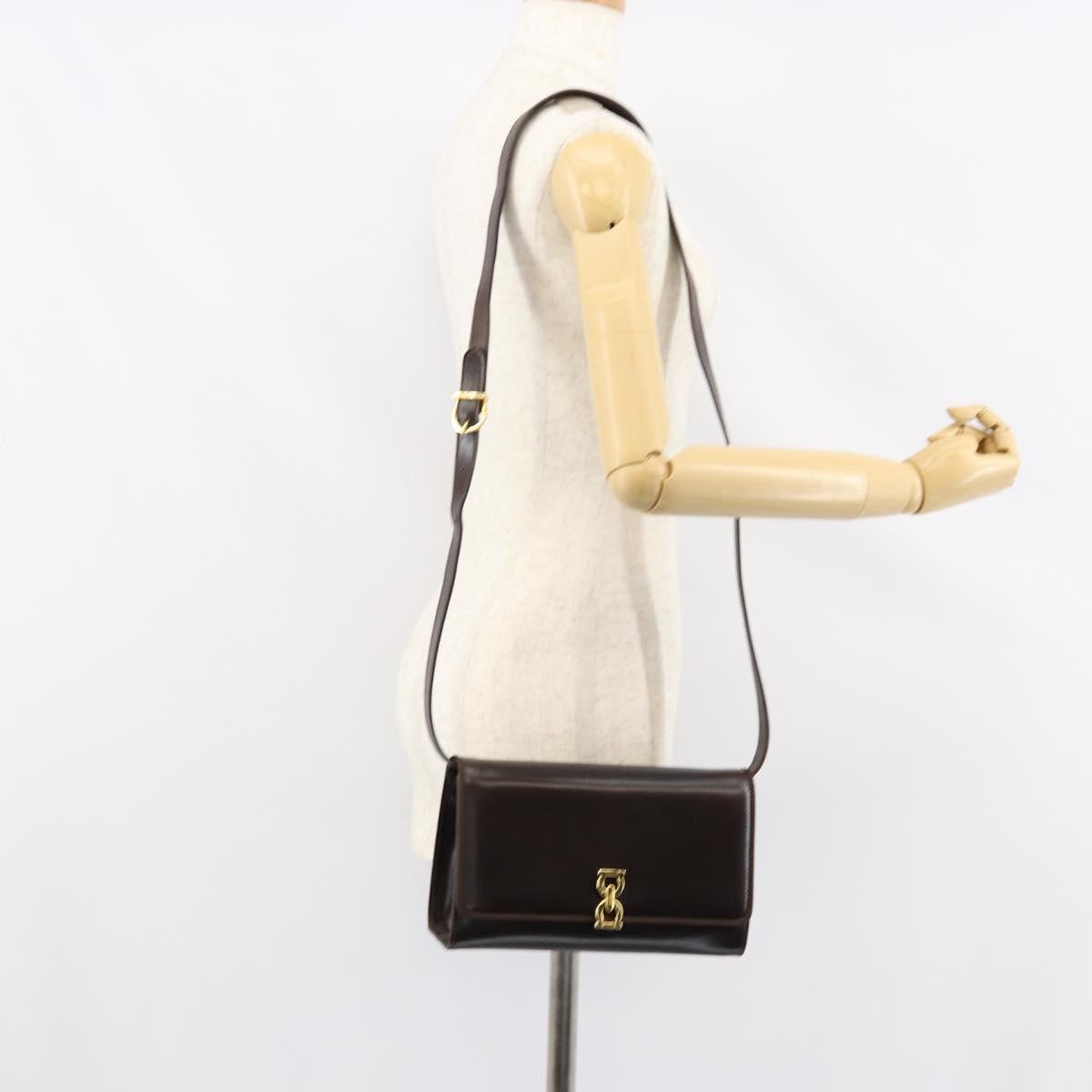 Salvatore Ferragamo Gancini Shoulder Bag Leather Dark Brown Gold Auth 153818
