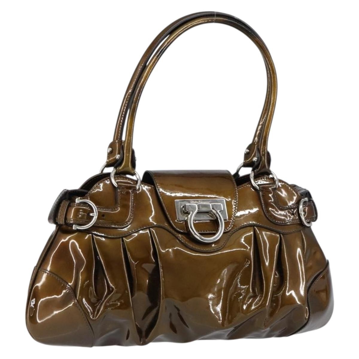 Salvatore Ferragamo Gancini Hand Bag Enamel Bronze Silver Auth 153819