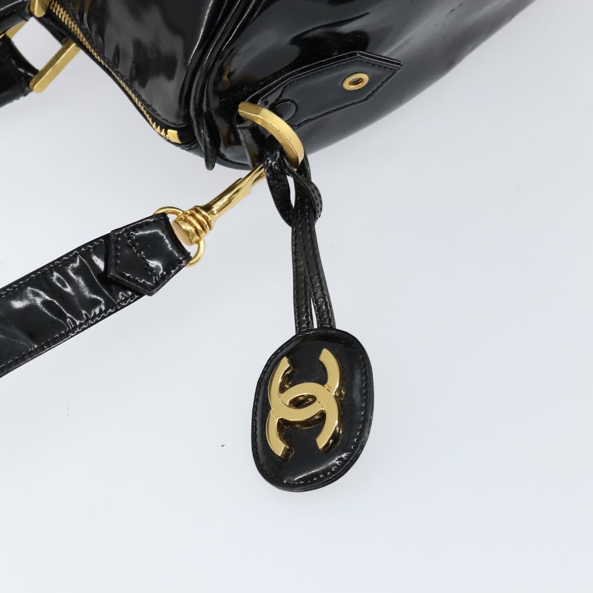 CHANEL Boston Bag Patent leather 2way Black Gold CC Auth 153822