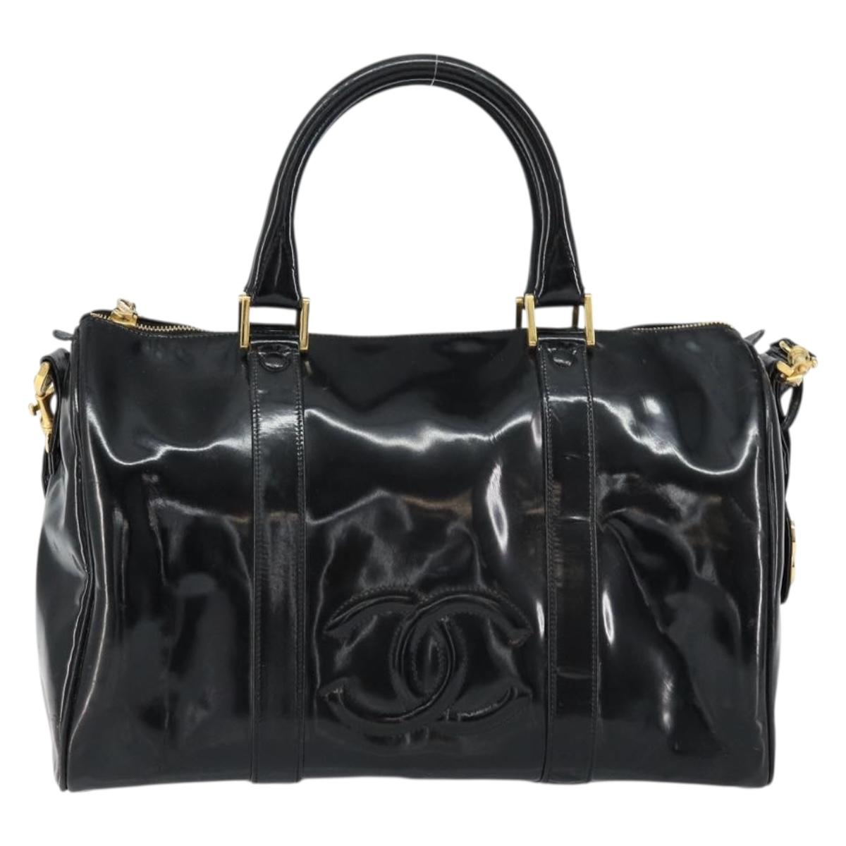 CHANEL Boston Bag Patent leather 2way Black Gold CC Auth 153822