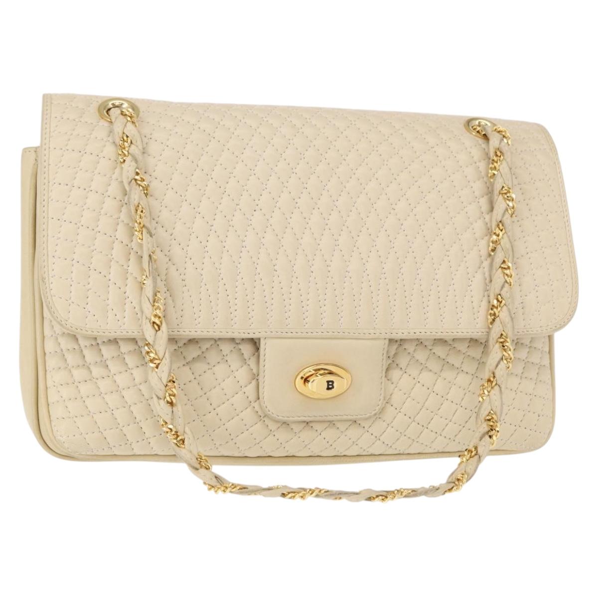 BALLY Quilted Chain Shoulder Bag Leather Ivory Gold Auth 153827