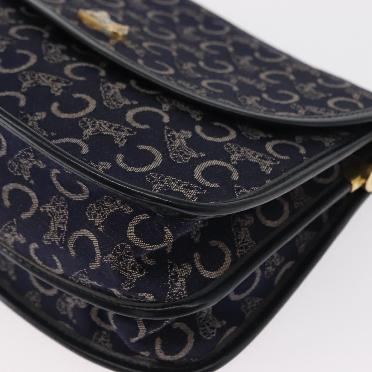 CELINE C Sulky Horse Carriage Shoulder Bag Canvas Leather Navy Gold Auth 153832