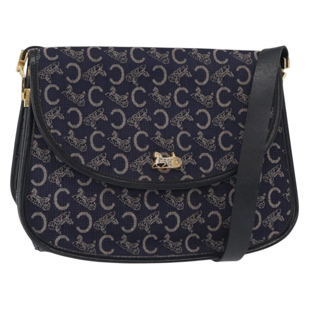 CELINE C Sulky Horse Carriage Shoulder Bag Canvas Leather Navy Gold Auth 153832