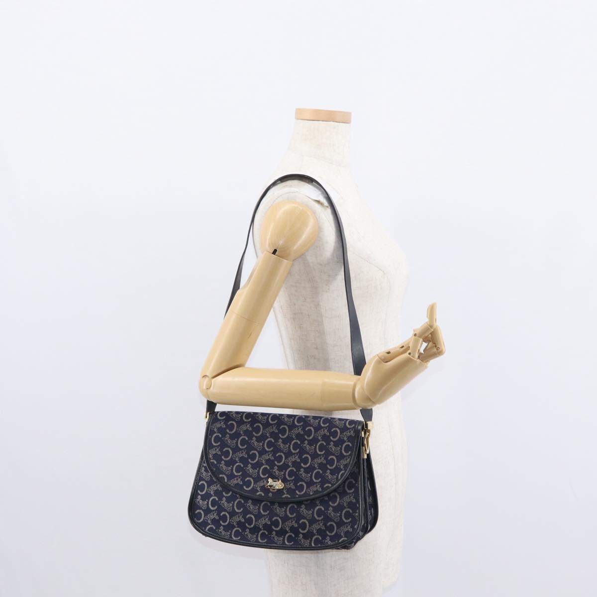 CELINE C Sulky Horse Carriage Shoulder Bag Canvas Leather Navy Gold Auth 153832