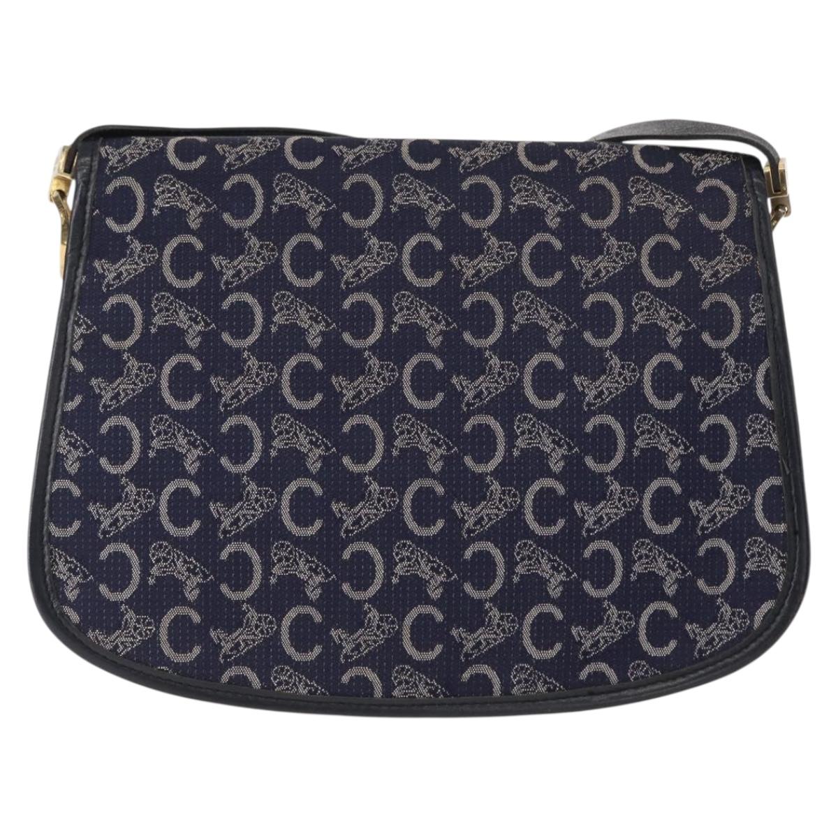 CELINE C Sulky Horse Carriage Shoulder Bag Canvas Leather Navy Gold Auth 153832
