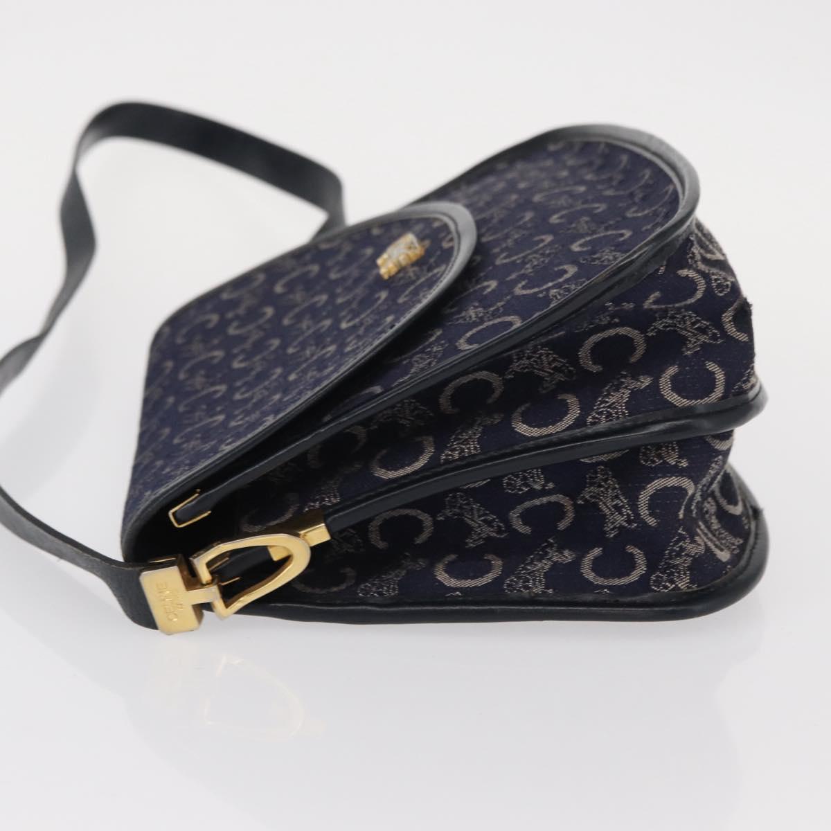 CELINE C Sulky Horse Carriage Shoulder Bag Canvas Leather Navy Gold Auth 153832