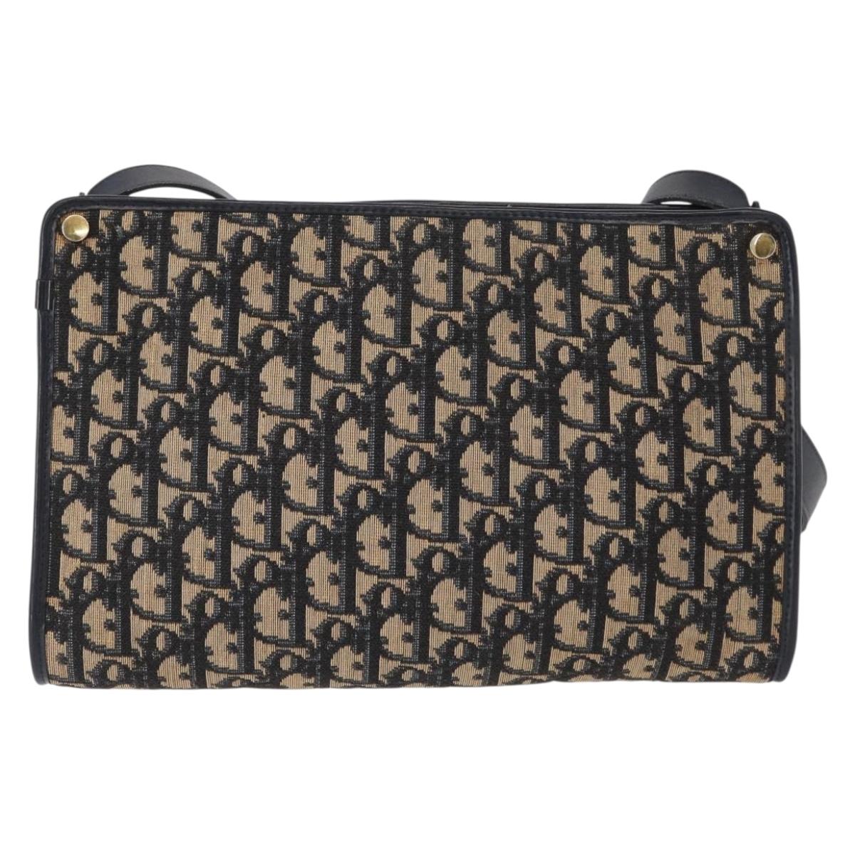 Christian Dior Trotter Canvas Shoulder Bag Navy Gold Auth 153836