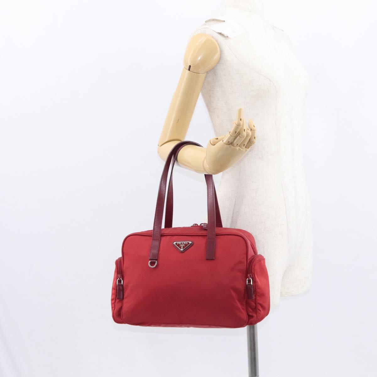 PRADA Tote Bag Nylon Red Silver Auth 153863