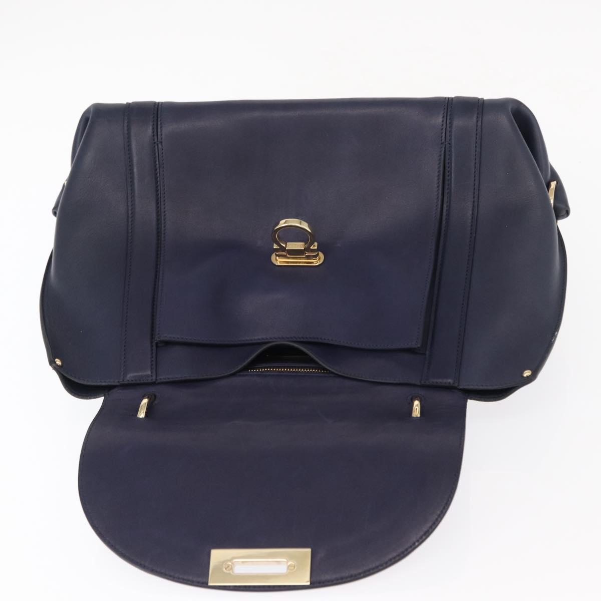 Salvatore Ferragamo Gancini Hand Bag Leather Navy Gold Auth 153865