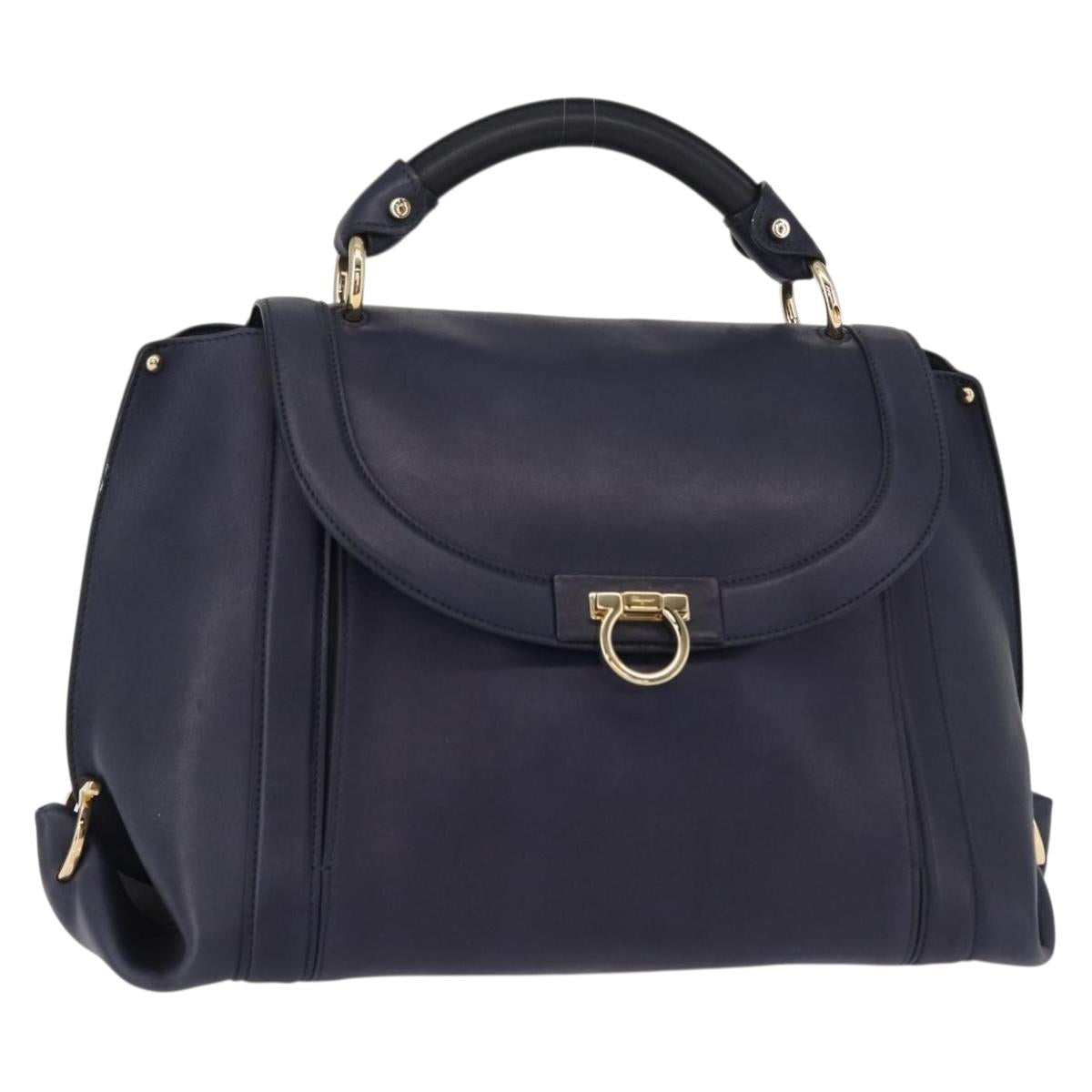 Salvatore Ferragamo Gancini Hand Bag Leather Navy Gold Auth 153865
