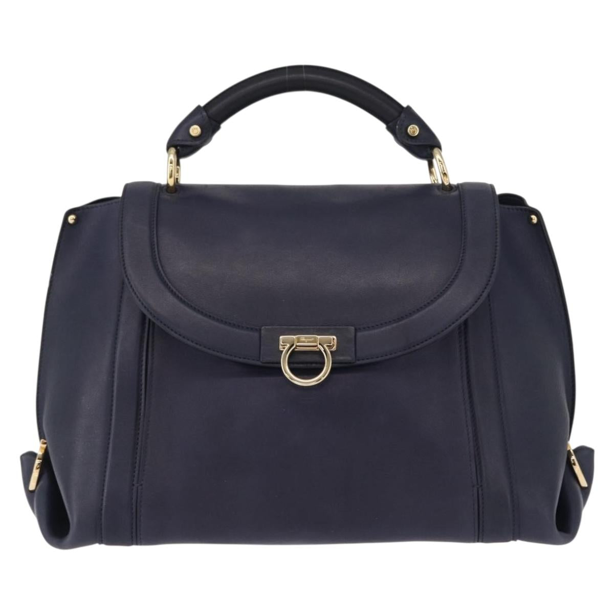 Salvatore Ferragamo Gancini Hand Bag Leather Navy Gold Auth 153865