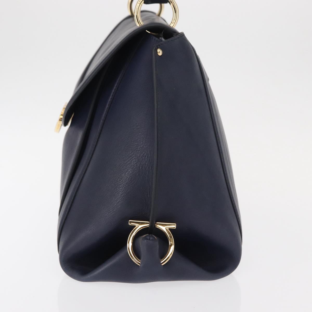 Salvatore Ferragamo Gancini Hand Bag Leather Navy Gold Auth 153865