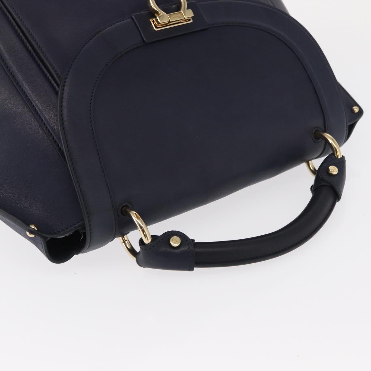 Salvatore Ferragamo Gancini Hand Bag Leather Navy Gold Auth 153865