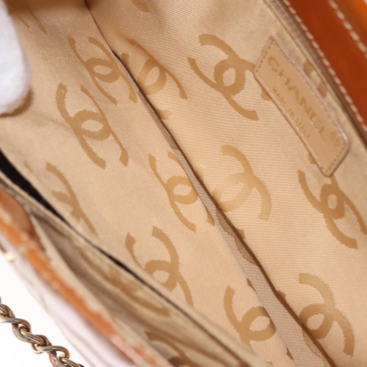 CHANEL Choco Bar Chain Shoulder Bag Patent leather Brown Gold CC Auth 153883