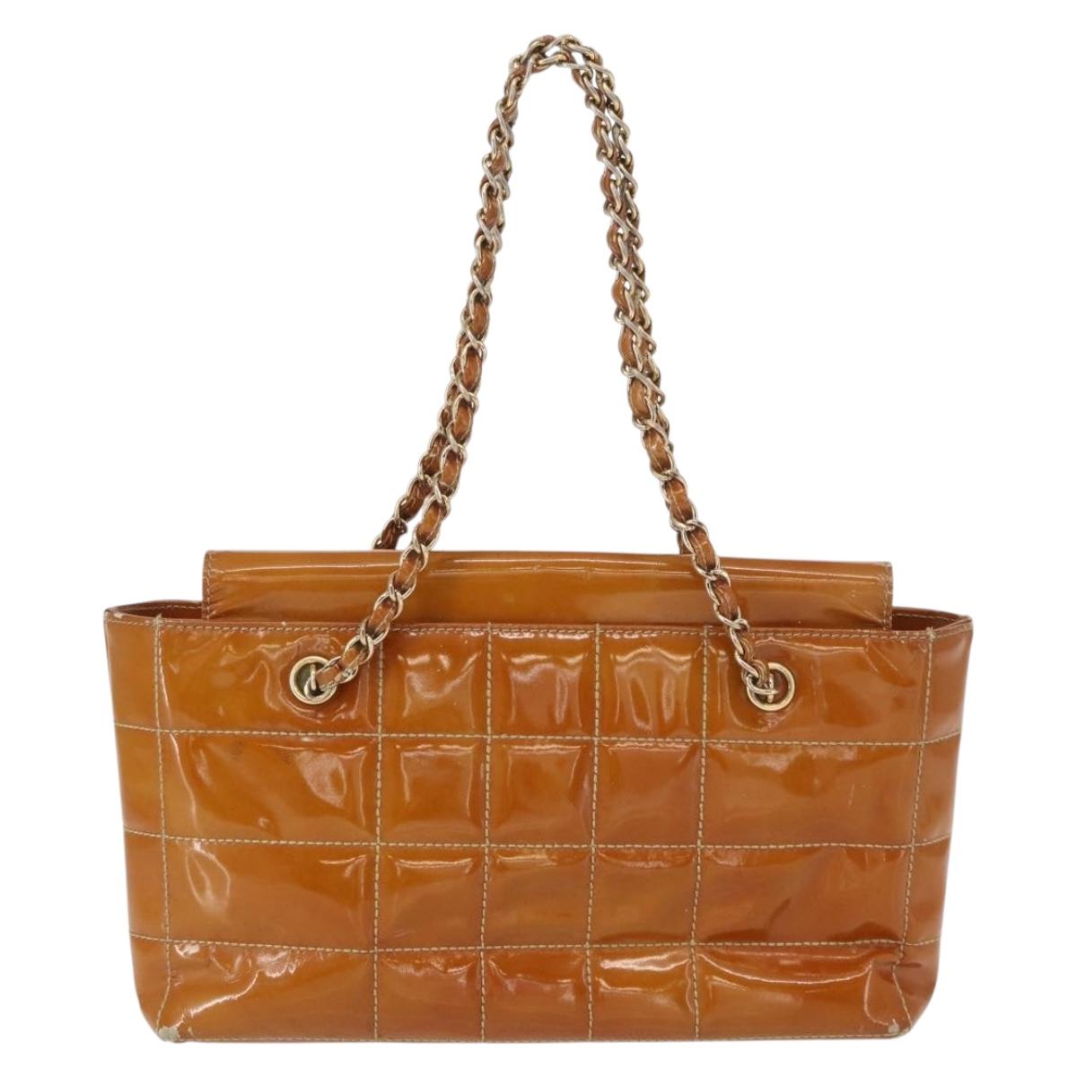 CHANEL Choco Bar Chain Shoulder Bag Patent leather Brown Gold CC Auth 153883