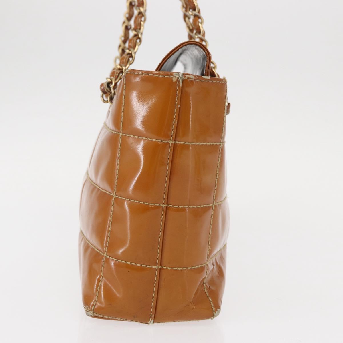 CHANEL Choco Bar Chain Shoulder Bag Patent leather Brown Gold CC Auth 153883