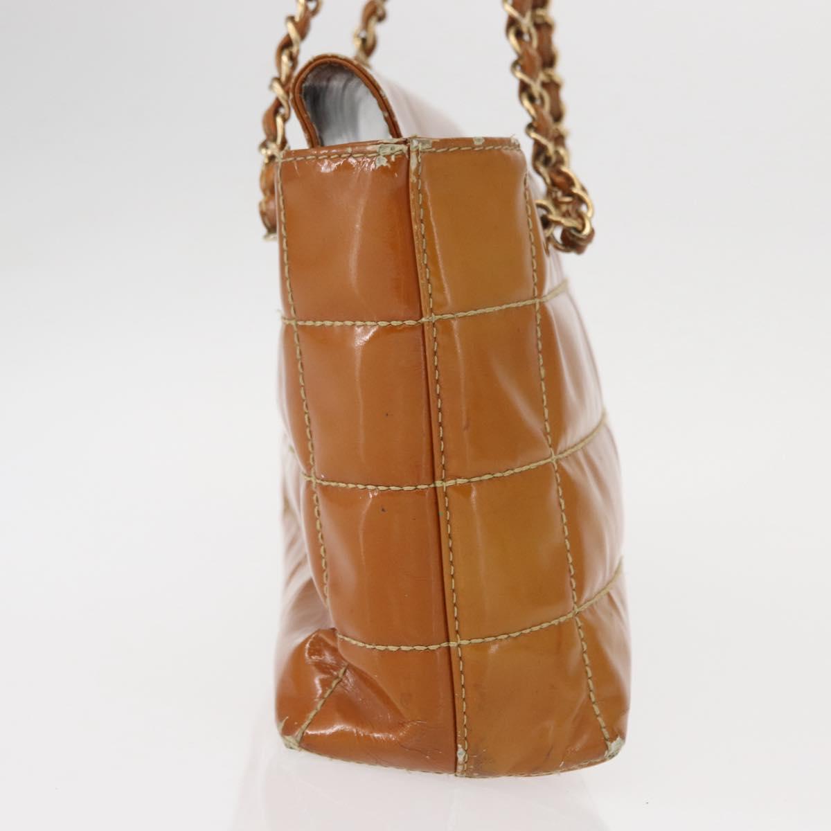 CHANEL Choco Bar Chain Shoulder Bag Patent leather Brown Gold CC Auth 153883