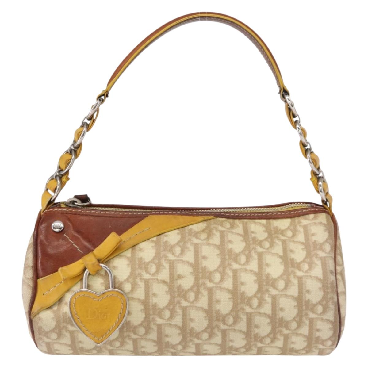 Christian Dior Trotter Canvas Romantic Hand Bag PVC Beige Silver Auth 153888