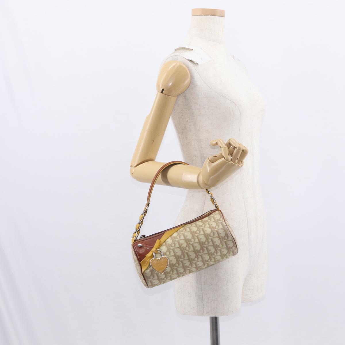 Christian Dior Trotter Canvas Romantic Hand Bag PVC Beige Silver Auth 153888