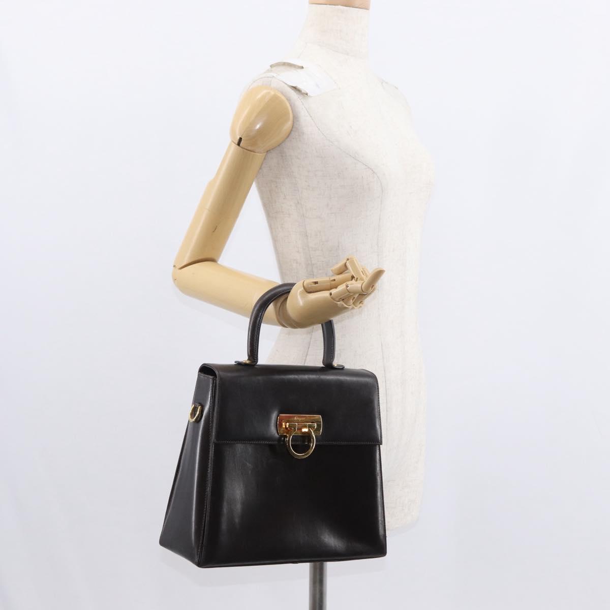 Salvatore Ferragamo Gancini Hand Bag Leather Black Gold Auth 153902
