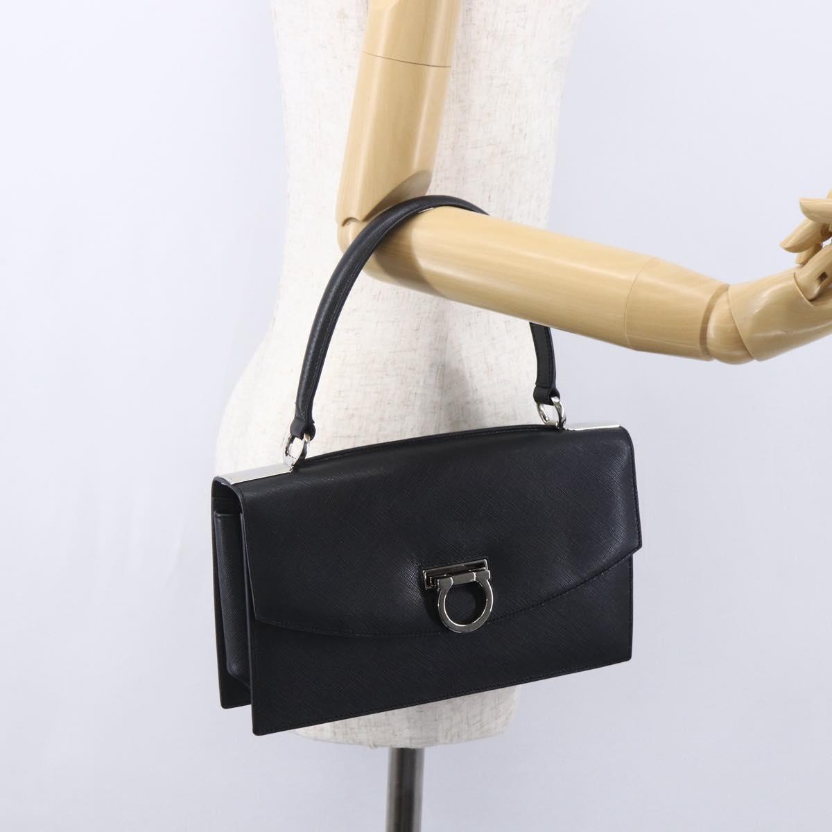 Salvatore Ferragamo Gancini Shoulder Bag Leather Black Silver Auth 153903