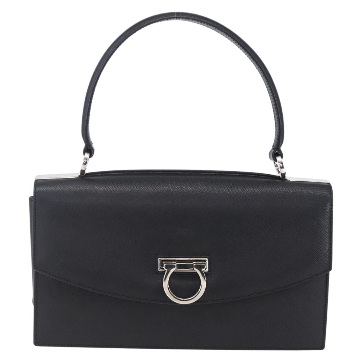 Salvatore Ferragamo Gancini Shoulder Bag Leather Black Silver Auth 153903