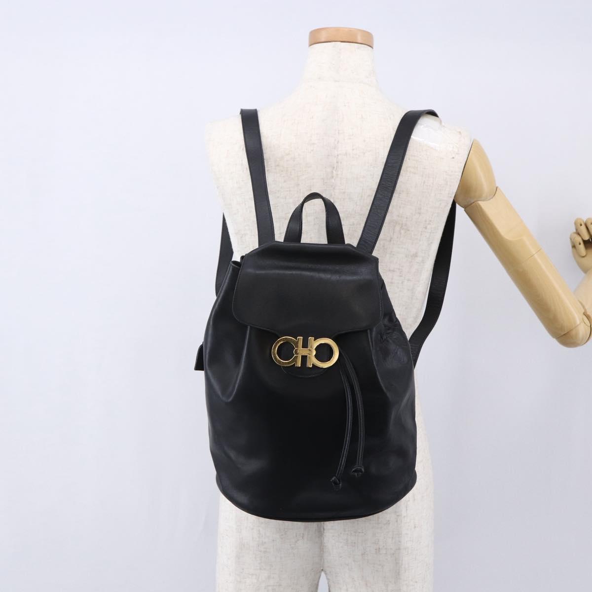 Salvatore Ferragamo Gancini Backpack Leather Black Gold Auth 153904