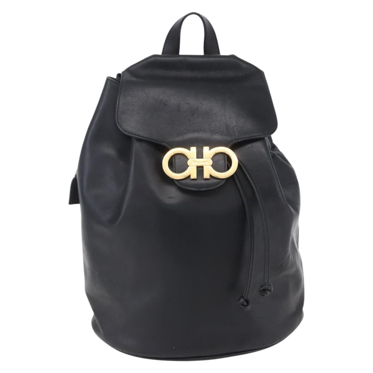 Salvatore Ferragamo Gancini Backpack Leather Black Gold Auth 153904